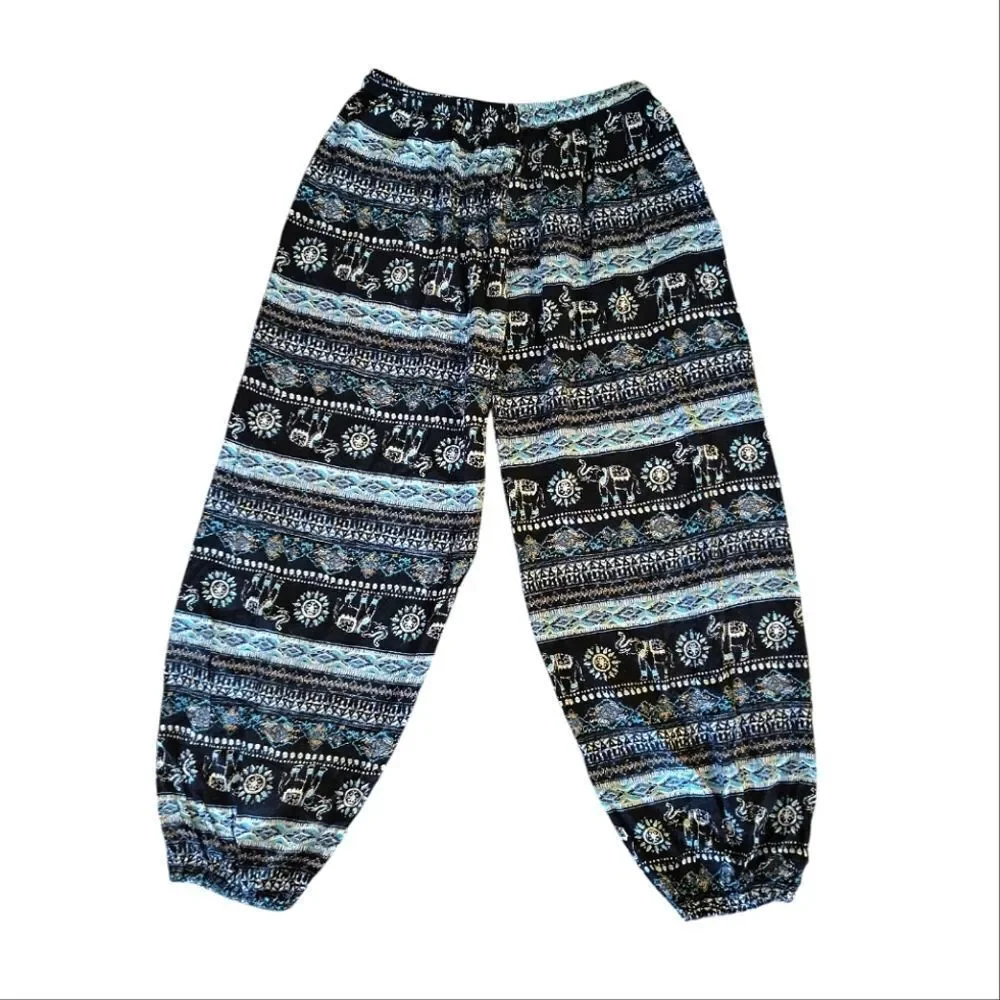 Black Teal White Elephant Floral Block Print Harem Pants XL *Fits like Med